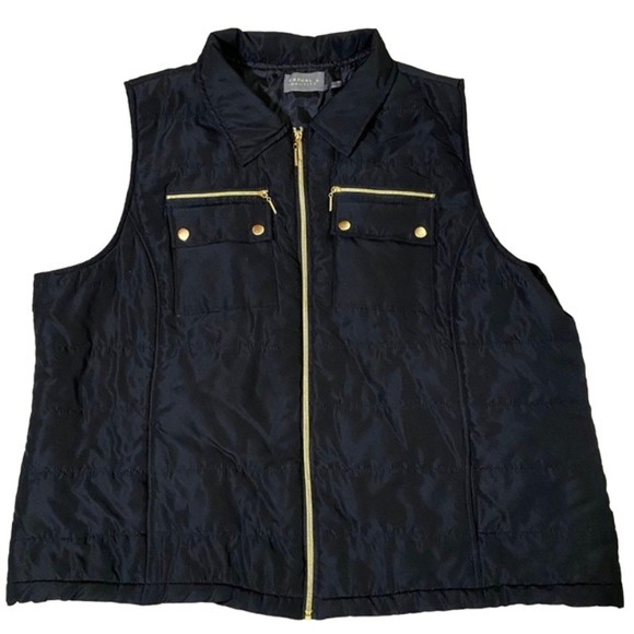 Women's 2X Women's Black Puffer Vest Gold Trim Pockets Collar Casual Identity - Picture 1 of 6
